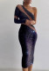 Women'S Slash Shoulder Long Sleeve Mesh Patchwork Tight Fitting Midi Bodycon Dress