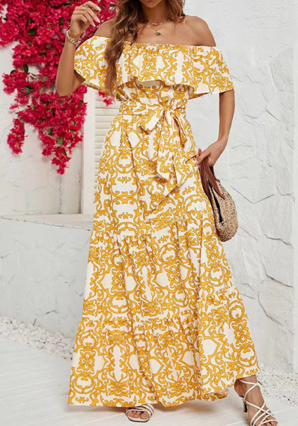 Women Off Shoulder Short Sleeve Printed Ruffle Maxi Dress