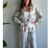 Women Spring/Summer Print Long Sleeve Top and Wide Leg Pants Two-piece Set