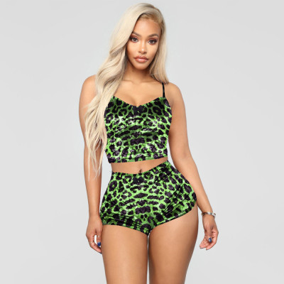 Women summer hollow sexy velvet leopard print two-piece set