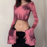 Sexy Short Printed Crop Sunscreen Long-Sleeved Top Short Slim-Fitting T-Shirt