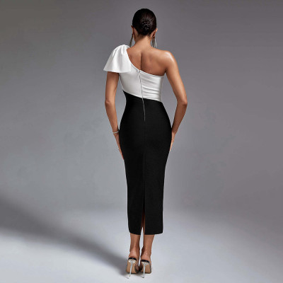 Women's Summer Chic Black And White Slash Shoulder Bow Slit Dress