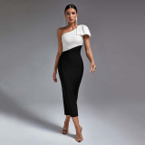 Women's Summer Chic Black And White Slash Shoulder Bow Slit Dress