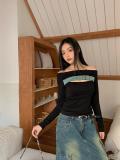 Patchwork Denim Off-Shoulder Knitting Slim T-Shirt Top