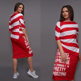 Women Sexy Striped Print Off Shoulder Short Sleeve Slit Dress