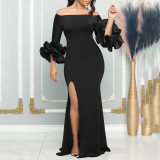 Women Off Shoulder Sexy Slit Ruffle Sleeve Formal Party Maxi Dress