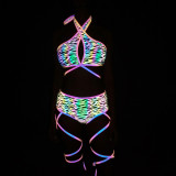 Women Printed Reflective Bikini Removable Crossover Lace-Up Sexy Three-Piece Swimsuit