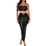 Fashionable And Sexy Strapless Crop Top Tight Fitting Bodycon Skirt Two Piece Set