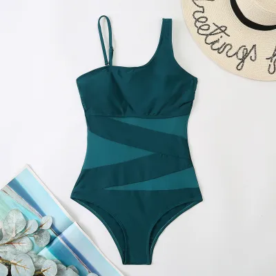 Patchwork Mesh Women's One-Piece Slash Shoulder Swimsuit