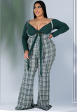 Plus Size Women Long Sleeve Top and Plaid Suspenders Set