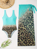 Women gradient print leopard print one-piece Swimwear two-piece set