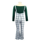 Plus Size Women Long Sleeve Top and Plaid Suspenders Set