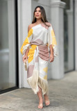 Women Printed Lantern Sleeve Loose Top and Fringed Skirt Two-piece Set