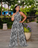 Women Zebra Print Backless Halter Neck Wide Leg Jumpsuit