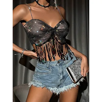 Women Fishnet Rhinestone Sexy Crop Top Women Tassel Beads Metal Chain Straps