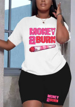 Plus Size Women Letter Printed T-shirt Shorts Two-piece Set