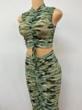 Women Printed Sleeveless Drawstring Top and Sexy Bodycon Skirt Two-piece Set