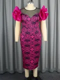 See-Through Mesh Patchwork Elegant Chic Petal Sleeve Printed Party Dress