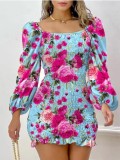 Spring Summer Women's Floral Puff Sleeve Dress