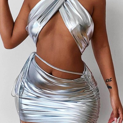 Solid Halter Neck Crossover Two Pieces Bikini Skirt Three-Piece Swimsuit
