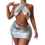 Solid Halter Neck Crossover Two Pieces Bikini Skirt Three-Piece Swimsuit