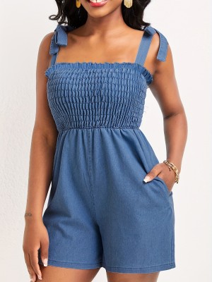 Women's Fashion Casual Solid Color Pleated Strap Sleeveless Pockets Denim Jumpsuit