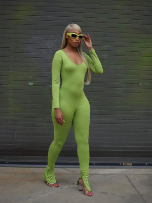 Sexy Solid Color Low Back Long Sleeve Slit Tight Fitting Street Jumpsuit