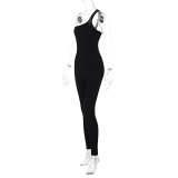 Summer Women's Solid Color Tight Fitting One Shoulder Strap Sports Fitness Jumpsuit