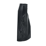 Solid Color Slim Fit Slit Solid Color Pu Leather Long Skirt
