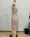 Women Sexy Sequin Embroidery Cross Slit Sequin Evening Dress Backless Suspender Maxi Dress