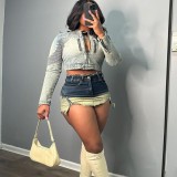 Women Sexy Zipper Gradient Color Denim Skirt