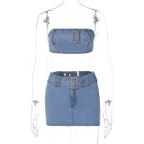 Women summer sexy Denim Strapless Top and skirt two-piece set