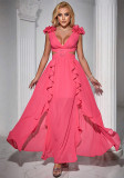 Women Sexy V-Neck Hollow Ruffle Maxi Dress