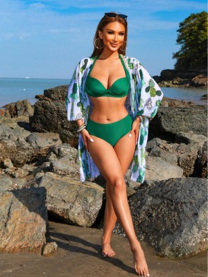 Women Beach Sun Protection Wear Sexy Two Pieces Bikini Long Sleeve Swimsuit