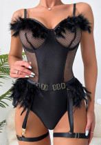 Women Hollow See-Through Feather Sexy Lingerie Set