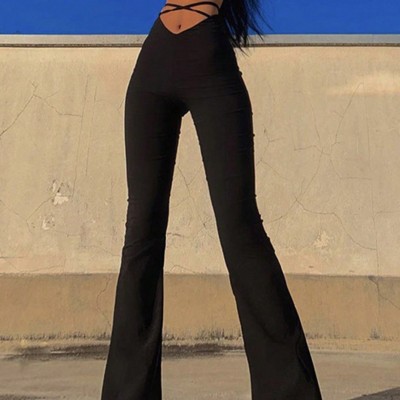 Women Spring Cross Strap Solid Bell Bottom Casual Pants