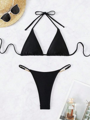 Triangle Letter Chain Thong Black Bikini Two Piece Swimsuit Set