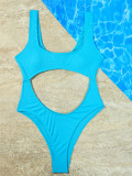 Ribbed Solid Color Hollow Sexy One-Piece Swimsuit