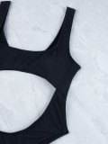 Ribbed Solid Color Hollow Sexy One-Piece Swimsuit