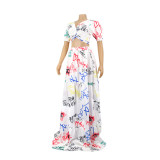 Sexy Women's Printed Short-Sleeved High-Waisted Women's Long Skirt Two Piece Set