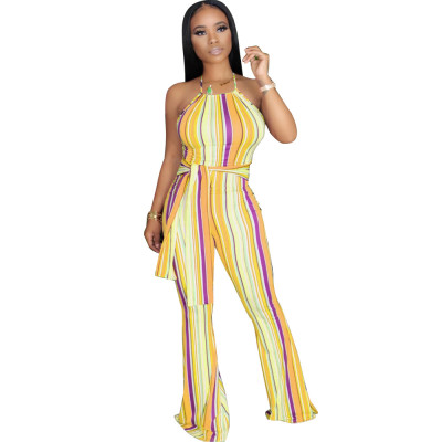 Multi-Color Striped Halter Neck Slim Fit Bell Bottom Women's Jumpsuit