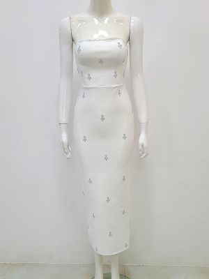 Women's Beaded White Strapless Tight Fitting Bodycon Dress