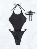 Solid Lace-Up Halter One Piece Swimsuit With Flower Chocker