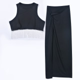 Summer Women's Sexy Slim Crop Tassel Top Slit Skirt Two Piece Set