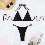 Triangle Letter Chain Thong Black Bikini Two Piece Swimsuit Set