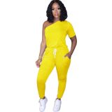 Sexy Women's Slash Shoulder Half Sleeve Solid Color Slim Fit Women's Sports Jumpsuit