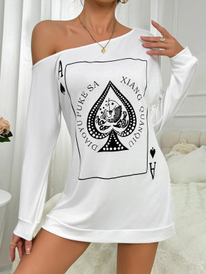 Sexy Poker Printed Slash Shoulder Long Sleeve T-Shirt Dress Pajamas Home Clothes