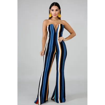 Sexy Stripe Printed Women's Strapless V-Neck Zjumpsuit