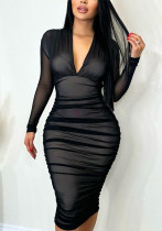 Women v-neck mesh long sleeve dress