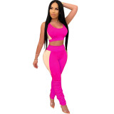 Women Sexy Solid Patchwork Gathered Sports Top and Pant Two-piece Set